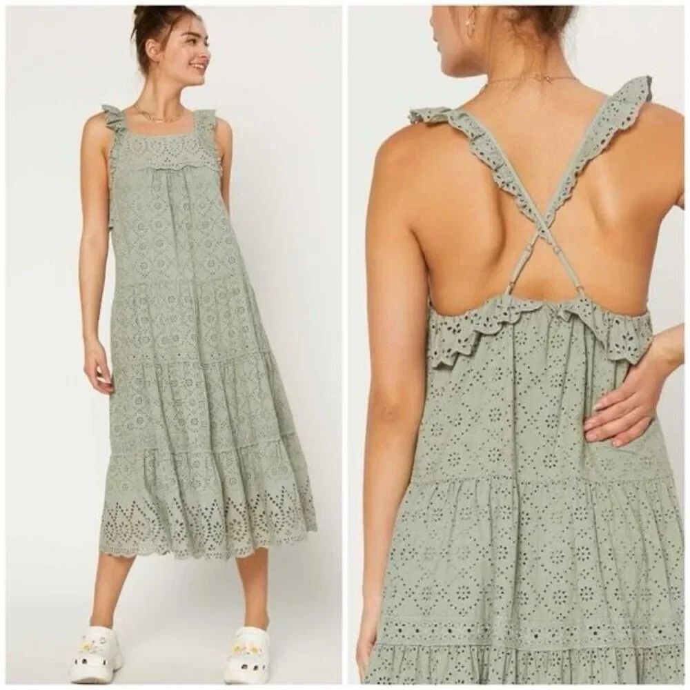 Current Air Womens Sage Green Eyelet Square Neck Ruffle Tiered Midi Dress Large